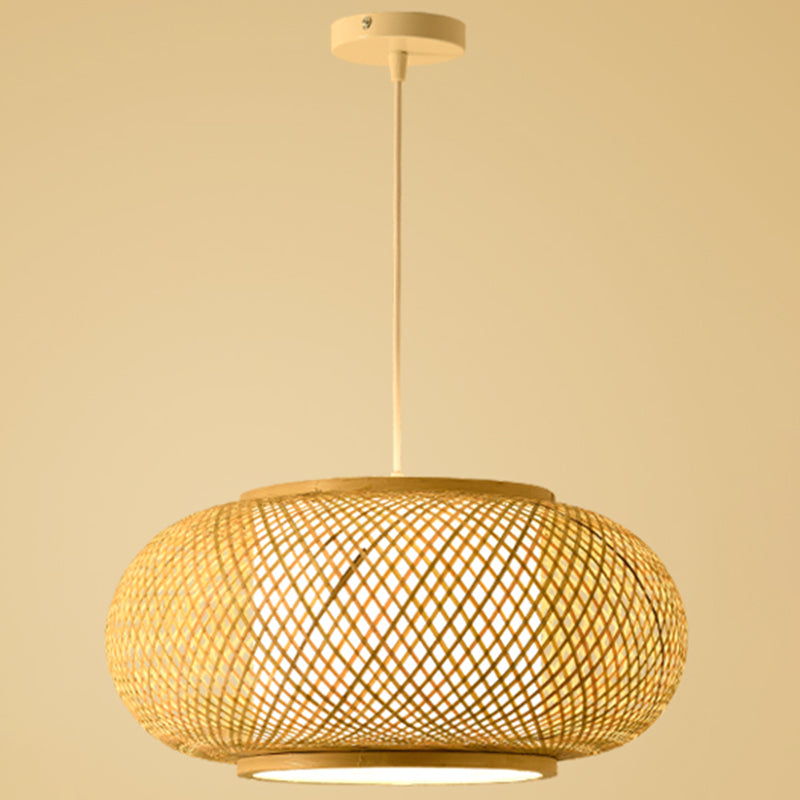 Bamboo & Rattan Weaving Drum Suspended Light Asian Style 1 Light Accent Pendant Lamp in Beige Wood Clearhalo 'Ceiling Lights' 'Pendant Lights' 'Pendants' Lighting' 2611975