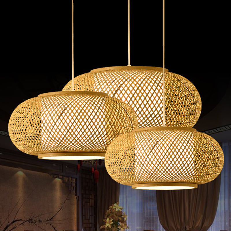 Bamboo & Rattan Weaving Drum Suspended Light Asian Style 1 Light Accent Pendant Lamp in Beige Clearhalo 'Ceiling Lights' 'Pendant Lights' 'Pendants' Lighting' 2611976