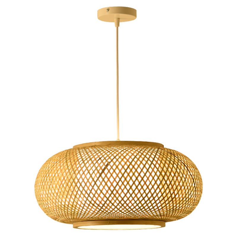 Bamboo & Rattan Weaving Drum Suspended Light Asian Style 1 Light Accent Pendant Lamp in Beige Clearhalo 'Ceiling Lights' 'Pendant Lights' 'Pendants' Lighting' 2611979