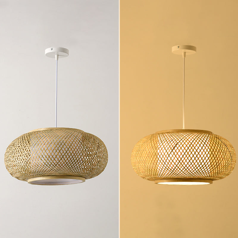 Bamboo & Rattan Weaving Drum Suspended Light Asian Style 1 Light Accent Pendant Lamp in Beige Clearhalo 'Ceiling Lights' 'Pendant Lights' 'Pendants' Lighting' 2611980