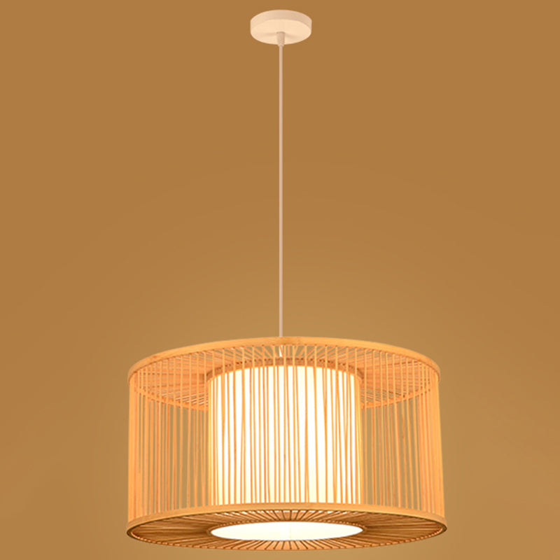 Asian Style Simplicity Hanging Light Bamboo & Imitation Sheepskin Double Shade 1 Light Pendant Lamp Wood Drum Clearhalo 'Ceiling Lights' 'Pendant Lights' 'Pendants' Lighting' 2611986