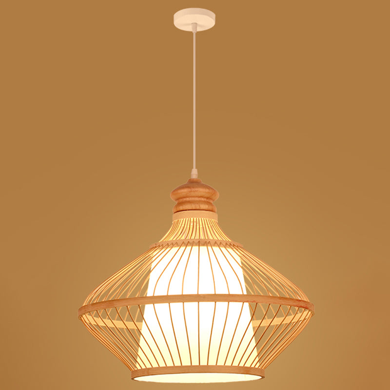 Asian Style Simplicity Hanging Light Bamboo & Imitation Sheepskin Double Shade 1 Light Pendant Lamp Wood Schoolhouse Clearhalo 'Ceiling Lights' 'Pendant Lights' 'Pendants' Lighting' 2611987