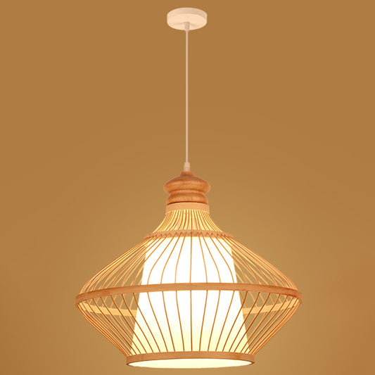 Asian Style Simplicity Hanging Light Bamboo & Imitation Sheepskin Double Shade 1 Light Pendant Lamp Wood Schoolhouse Clearhalo 'Ceiling Lights' 'Pendant Lights' 'Pendants' Lighting' 2611987