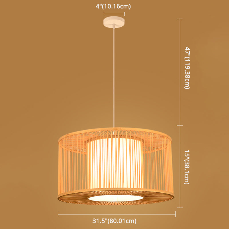 Asian Style Simplicity Hanging Light Bamboo & Imitation Sheepskin Double Shade 1 Light Pendant Lamp Clearhalo 'Ceiling Lights' 'Pendant Lights' 'Pendants' Lighting' 2611994