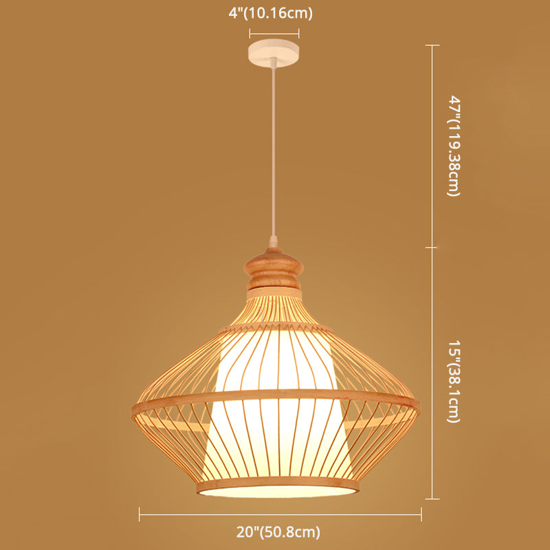 Asian Style Simplicity Hanging Light Bamboo & Imitation Sheepskin Double Shade 1 Light Pendant Lamp Clearhalo 'Ceiling Lights' 'Pendant Lights' 'Pendants' Lighting' 2611995