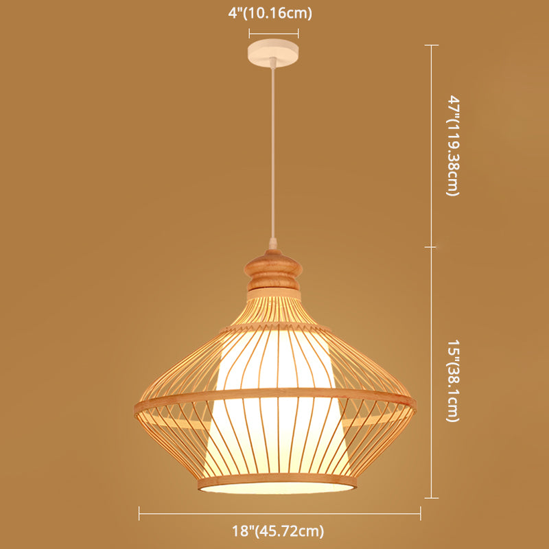 Asian Style Simplicity Hanging Light Bamboo & Imitation Sheepskin Double Shade 1 Light Pendant Lamp Clearhalo 'Ceiling Lights' 'Pendant Lights' 'Pendants' Lighting' 2611996