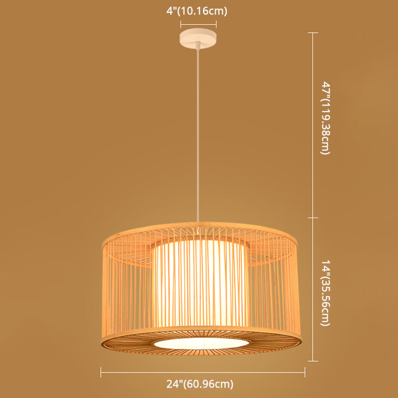 Asian Style Simplicity Hanging Light Bamboo & Imitation Sheepskin Double Shade 1 Light Pendant Lamp Clearhalo 'Ceiling Lights' 'Pendant Lights' 'Pendants' Lighting' 2611997