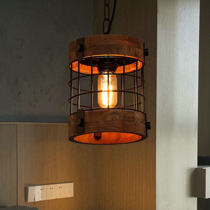 Brown 1 Light Pendant Lamp Traditional Wood Barrel Hanging Ceiling Light for Dining Room with Cage Wood Clearhalo 'Ceiling Lights' 'Pendant Lights' 'Pendants' Lighting' 261201_5eb144a9-1bda-43bb-8115-d81a1e976b80