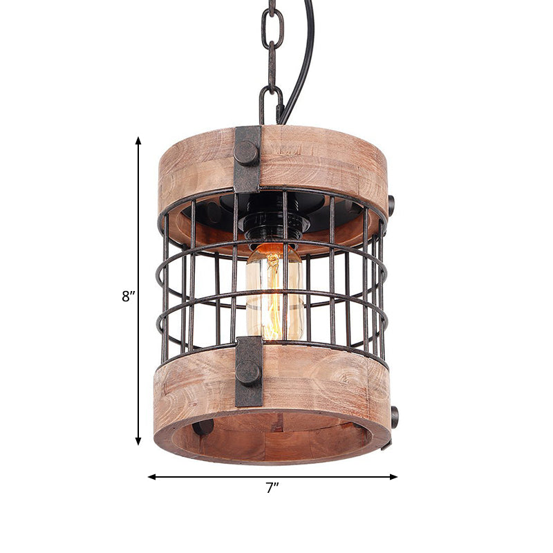 Brown 1 Light Pendant Lamp Traditional Wood Barrel Hanging Ceiling Light for Dining Room with Cage Clearhalo 'Ceiling Lights' 'Pendant Lights' 'Pendants' Lighting' 261205