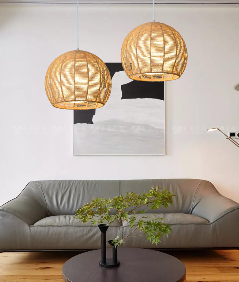 Double Rattan Shade Pendant Lamp Japanese Simplicity Single Light Hanging Ceiling Light in Beige/Coffee Clearhalo 'Ceiling Lights' 'Pendant Lights' 'Pendants' Lighting' 2612077