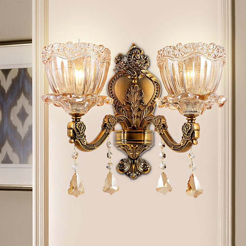 Amber Glass Flower Wall Light Fixture Modern 1/2 Heads Brass Sconce Light with K9 Crystal Drop 2.0 Brass Clearhalo 'Cast Iron' 'Glass' 'Industrial' 'Modern wall lights' 'Modern' 'Tiffany' 'Traditional wall lights' 'Wall Lamps & Sconces' 'Wall Lights' Lighting' 261213