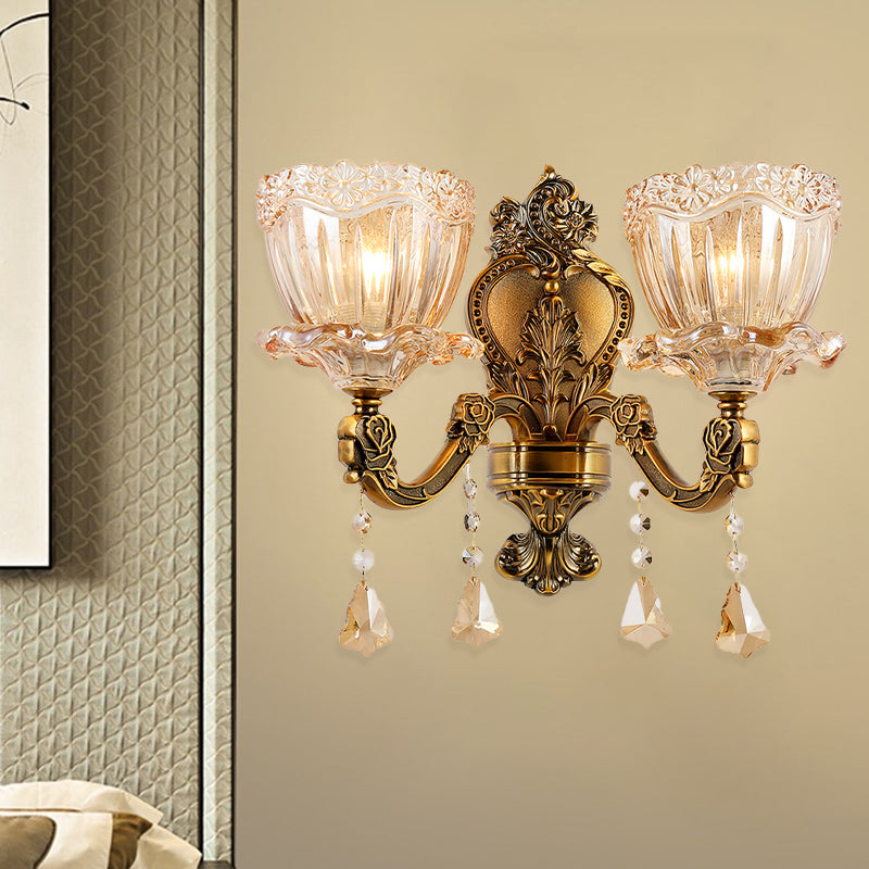 Amber Glass Flower Wall Light Fixture Modern 1/2 Heads Brass Sconce Light with K9 Crystal Drop Clearhalo 'Cast Iron' 'Glass' 'Industrial' 'Modern wall lights' 'Modern' 'Tiffany' 'Traditional wall lights' 'Wall Lamps & Sconces' 'Wall Lights' Lighting' 261214