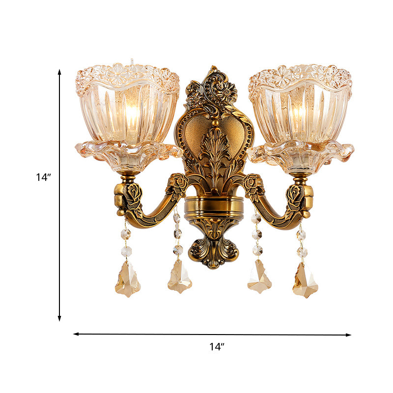 Amber Glass Flower Wall Light Fixture Modern 1/2 Heads Brass Sconce Light with K9 Crystal Drop Clearhalo 'Cast Iron' 'Glass' 'Industrial' 'Modern wall lights' 'Modern' 'Tiffany' 'Traditional wall lights' 'Wall Lamps & Sconces' 'Wall Lights' Lighting' 261216