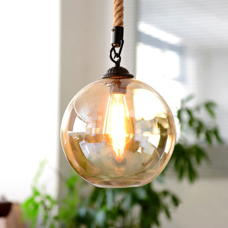 Amber Glass Globe Shade Pendant Light Vintage Industrial Mini Hanging Lamp with 39 Inch Adjustable Hanging Hemp Rope Clearhalo 'Ceiling Lights' 'Pendant Lights' 'Pendants' Lighting' options 2612173