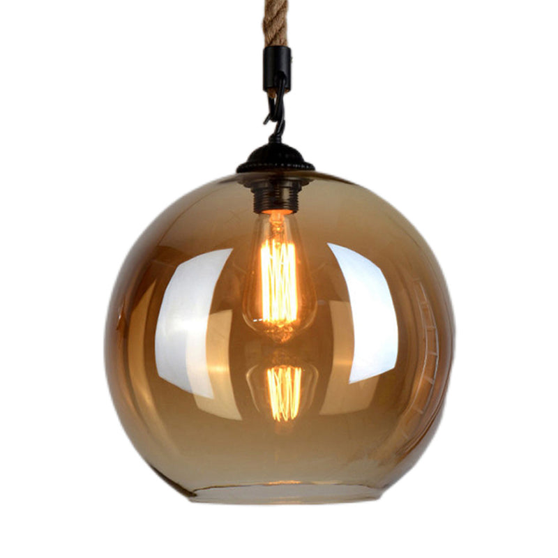 Amber Glass Globe Shade Pendant Light Vintage Industrial Mini Hanging Lamp with 39 Inch Adjustable Hanging Hemp Rope Clearhalo 'Ceiling Lights' 'Pendant Lights' 'Pendants' Lighting' options 2612177