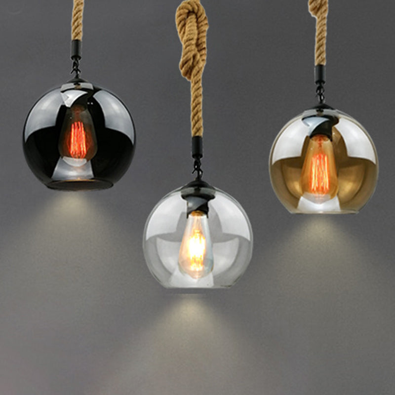 Rustic Globe Glass Shade Hanging Light Vintage Industrial Hemp Rope Pendant Light for Foyer Kitchen Restaurant Clearhalo 'Ceiling Lights' 'Pendant Lights' 'Pendants' Lighting' options 2612182