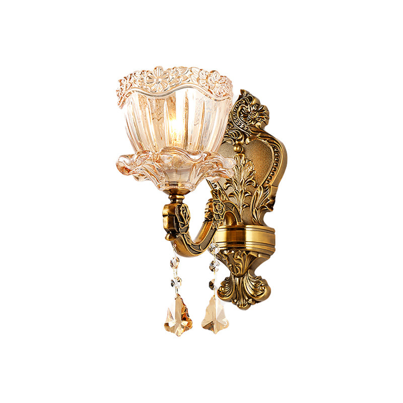 Amber Glass Flower Wall Light Fixture Modern 1/2 Heads Brass Sconce Light with K9 Crystal Drop Clearhalo 'Cast Iron' 'Glass' 'Industrial' 'Modern wall lights' 'Modern' 'Tiffany' 'Traditional wall lights' 'Wall Lamps & Sconces' 'Wall Lights' Lighting' 261219