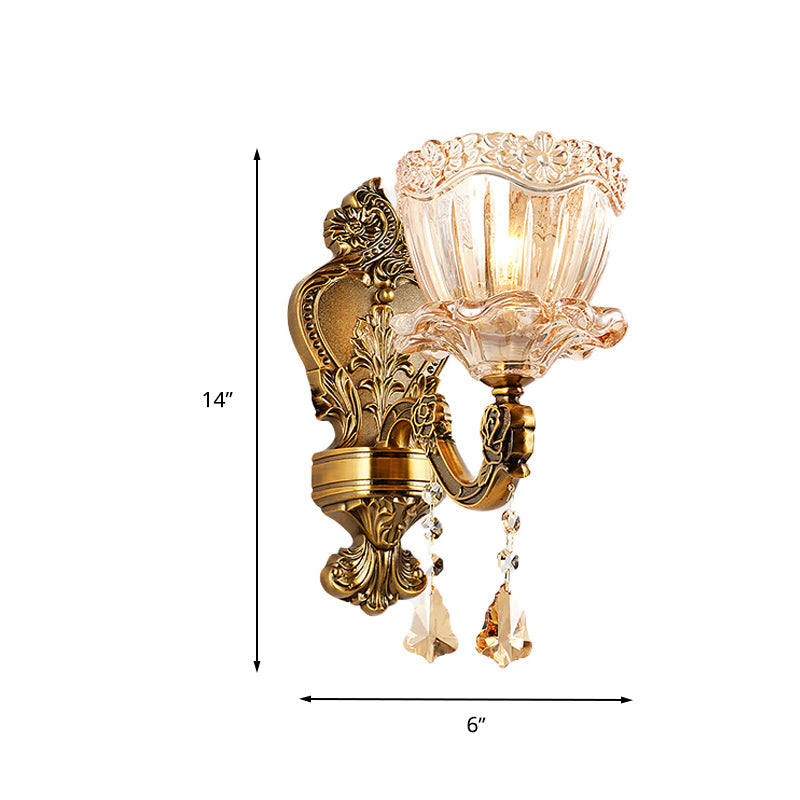 Amber Glass Flower Wall Light Fixture Modern 1/2 Heads Brass Sconce Light with K9 Crystal Drop Clearhalo 'Cast Iron' 'Glass' 'Industrial' 'Modern wall lights' 'Modern' 'Tiffany' 'Traditional wall lights' 'Wall Lamps & Sconces' 'Wall Lights' Lighting' 261220