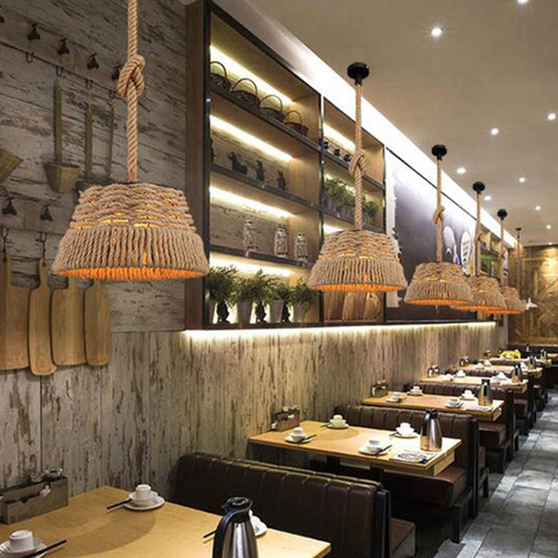 Hand-woven Hemp Rope Pendant Light Industrial Style Wrought Iron Tapered Shade Hanging Lamp for Restaurant Clearhalo 'Ceiling Lights' 'Pendant Lights' 'Pendants' Lighting' 2612228