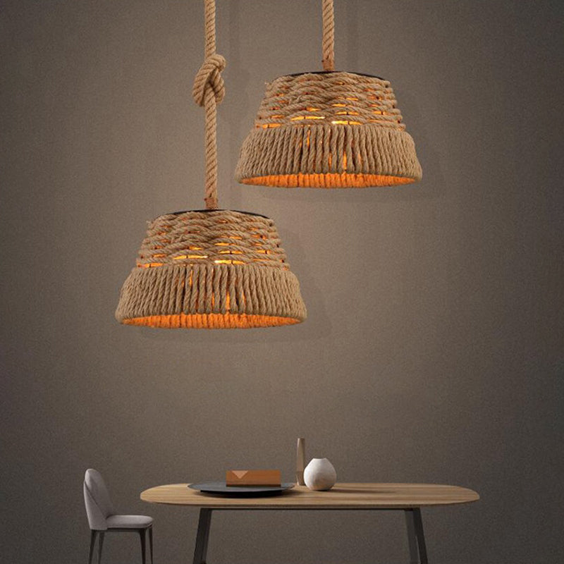 Hand-woven Hemp Rope Pendant Light Industrial Style Wrought Iron Tapered Shade Hanging Lamp for Restaurant Clearhalo 'Ceiling Lights' 'Pendant Lights' 'Pendants' Lighting' 2612229