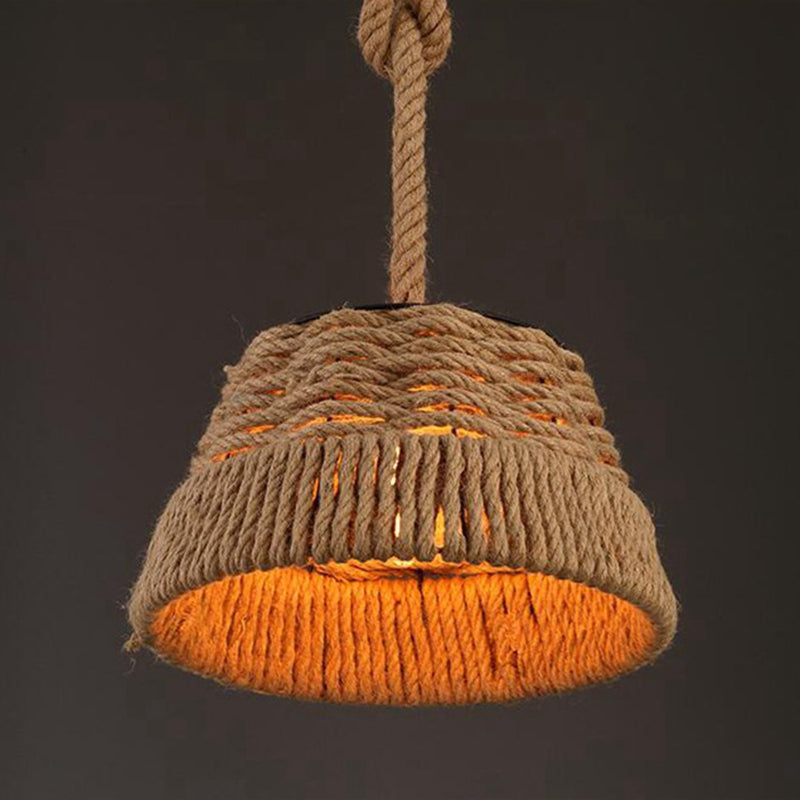 Hand-woven Hemp Rope Pendant Light Industrial Style Wrought Iron Tapered Shade Hanging Lamp for Restaurant Clearhalo 'Ceiling Lights' 'Pendant Lights' 'Pendants' Lighting' 2612231