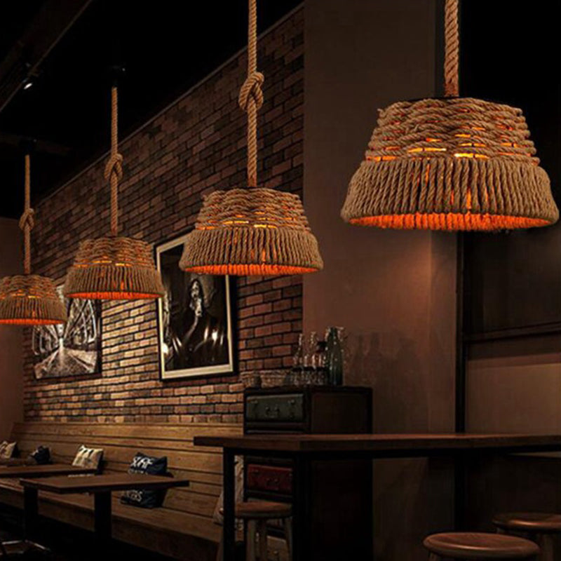 Hand-woven Hemp Rope Pendant Light Industrial Style Wrought Iron Tapered Shade Hanging Lamp for Restaurant Clearhalo 'Ceiling Lights' 'Pendant Lights' 'Pendants' Lighting' 2612234