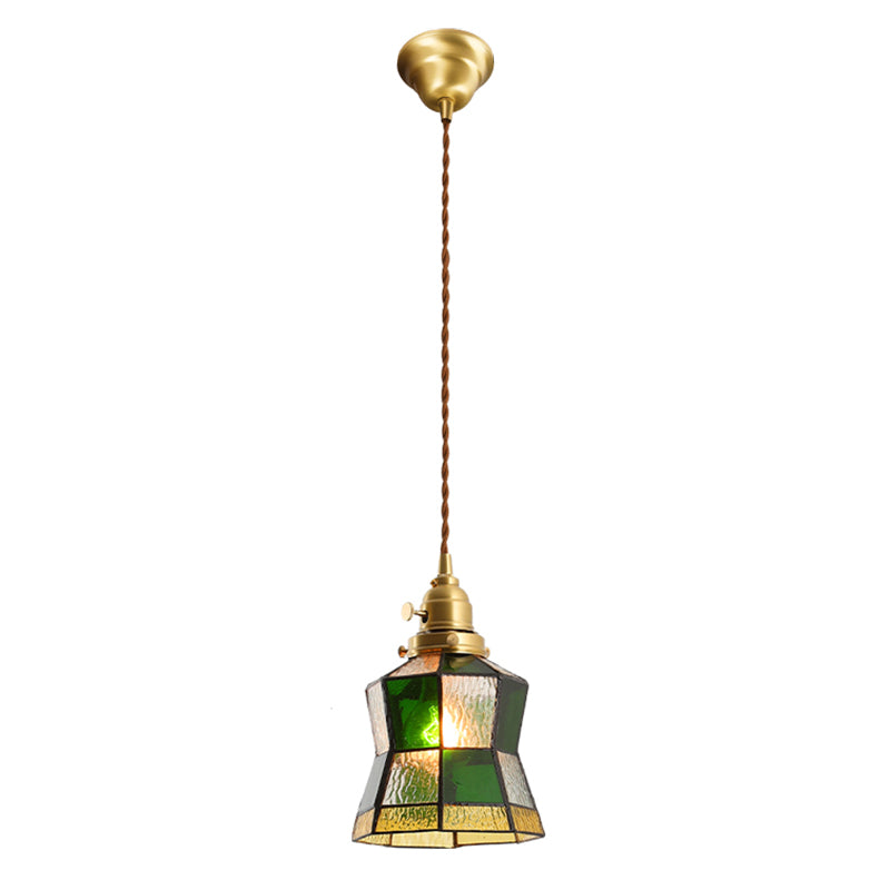 Stained Glass Shade Tiffany Hanging Light Brass Bedroom Mini Pendant Lamp with 63" Hanging Wire Green Clearhalo 'Ceiling Lights' 'Pendant Lights' 'Pendants' Lighting' 2612252