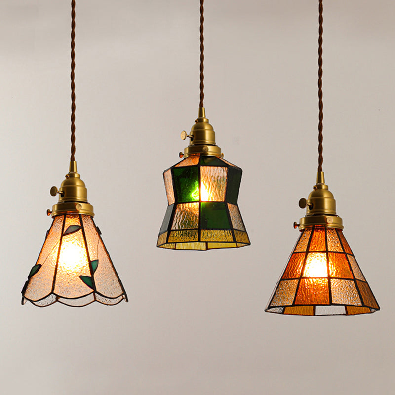 Stained Glass Shade Tiffany Hanging Light Brass Bedroom Mini Pendant Lamp with 63" Hanging Wire Clearhalo 'Ceiling Lights' 'Pendant Lights' 'Pendants' Lighting' 2612254