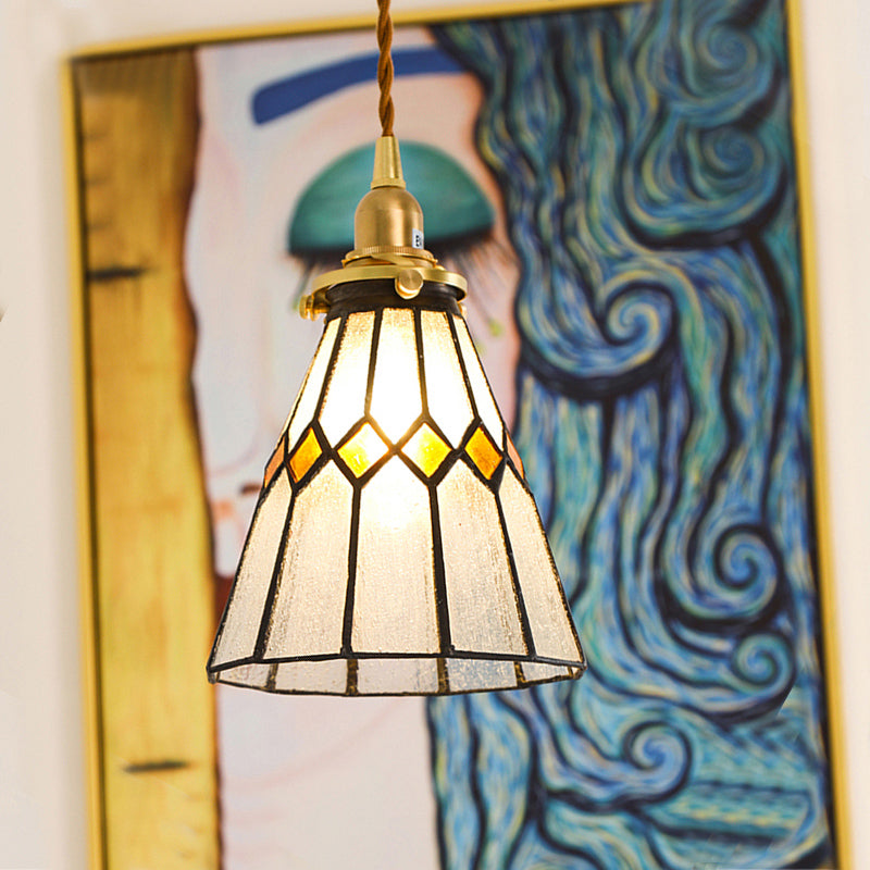 Stained Glass Shade Tiffany Hanging Light Brass Bedroom Mini Pendant Lamp with 63" Hanging Wire Clearhalo 'Ceiling Lights' 'Pendant Lights' 'Pendants' Lighting' 2612256