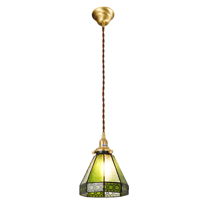 Stained Glass Shade Tiffany Hanging Light Brass Bedroom Mini Pendant Lamp with 63" Hanging Wire Light Green Clearhalo 'Ceiling Lights' 'Pendant Lights' 'Pendants' Lighting' 2612260