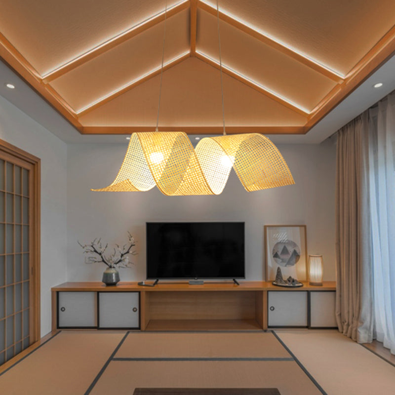 33.5" Width Twist Suspension Pendant Asian Style Bamboo 2-Light Flaxen Hanging Light Clearhalo 'Ceiling Lights' 'Pendant Lights' 'Pendants' Lighting' 2612272