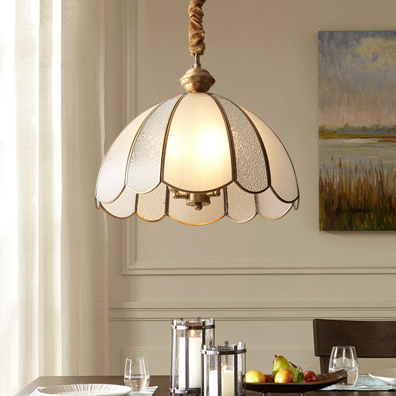 Elegant Dome Flower Shade Pendant Light Hammered Frosted Glass 1 Light Brass Hanging Light for Living Room Clearhalo 'Ceiling Lights' 'Pendant Lights' 'Pendants' Lighting' 2612284