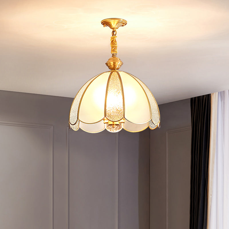 Elegant Dome Flower Shade Pendant Light Hammered Frosted Glass 1 Light Brass Hanging Light for Living Room Gold Clearhalo 'Ceiling Lights' 'Pendant Lights' 'Pendants' Lighting' 2612285