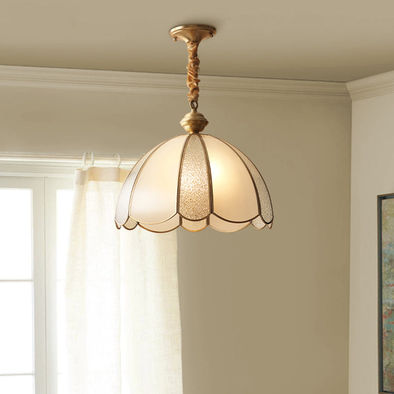 Elegant Dome Flower Shade Pendant Light Hammered Frosted Glass 1 Light Brass Hanging Light for Living Room Clearhalo 'Ceiling Lights' 'Pendant Lights' 'Pendants' Lighting' 2612288