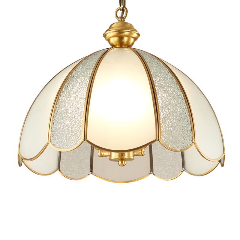 Elegant Dome Flower Shade Pendant Light Hammered Frosted Glass 1 Light Brass Hanging Light for Living Room Clearhalo 'Ceiling Lights' 'Pendant Lights' 'Pendants' Lighting' 2612289