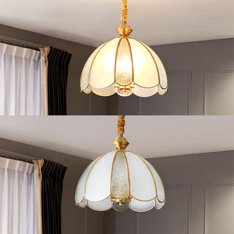 Elegant Dome Flower Shade Pendant Light Hammered Frosted Glass 1 Light Brass Hanging Light for Living Room Clearhalo 'Ceiling Lights' 'Pendant Lights' 'Pendants' Lighting' 2612291