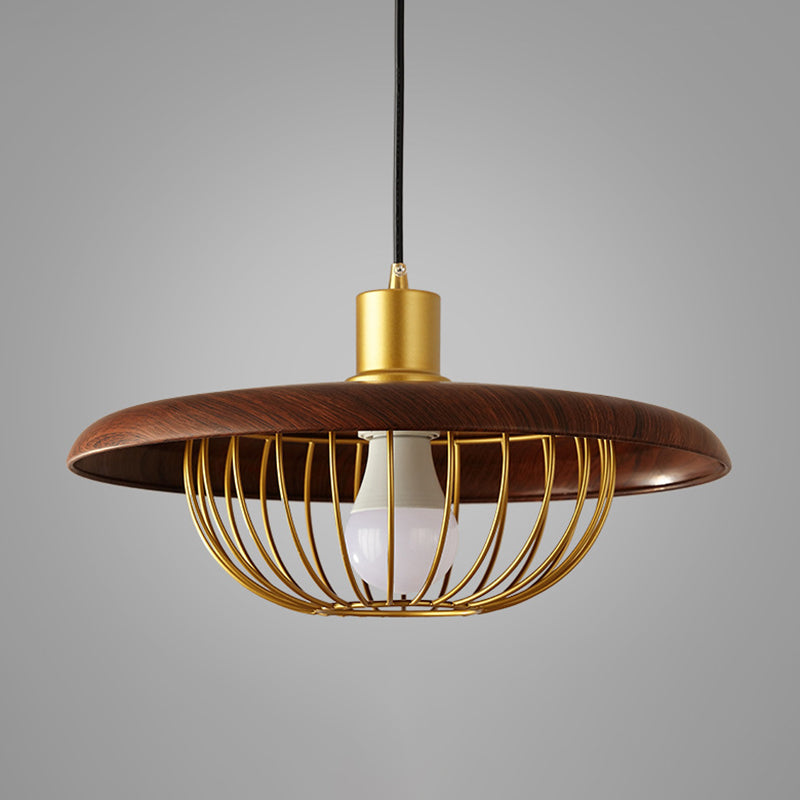 Modern Style Wooden Pendant Light with Golden Metal Cage Lampshade Single Bulb Hanging Lamp for Coffee Shop Clearhalo 'Ceiling Lights' 'Pendant Lights' 'Pendants' Lighting' 2612318