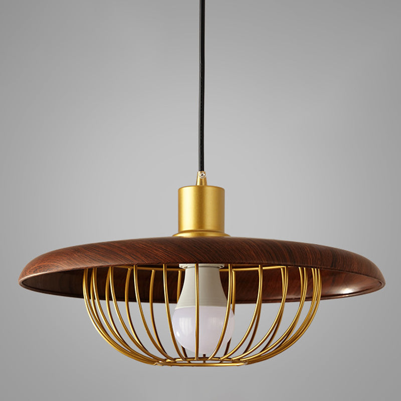 Modern Style Wooden Pendant Light with Golden Metal Cage Lampshade Single Bulb Hanging Lamp for Coffee Shop Dark Wood Clearhalo 'Ceiling Lights' 'Pendant Lights' 'Pendants' Lighting' 2612319