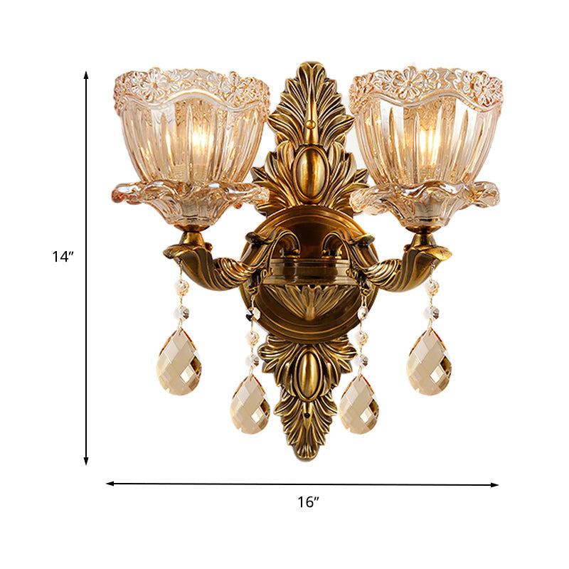 Modern Floral Shape Sconce Light Amber Glass 1/2 Heads Living Room Wall Mount Light with Teardrop Crystal Drop in Brass Clearhalo 'Cast Iron' 'Glass' 'Industrial' 'Modern wall lights' 'Modern' 'Tiffany' 'Traditional wall lights' 'Wall Lamps & Sconces' 'Wall Lights' Lighting' 261232