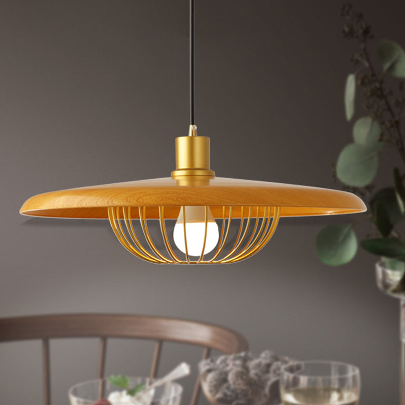 Modern Style Wooden Pendant Light with Golden Metal Cage Lampshade Single Bulb Hanging Lamp for Coffee Shop Clearhalo 'Ceiling Lights' 'Pendant Lights' 'Pendants' Lighting' 2612321