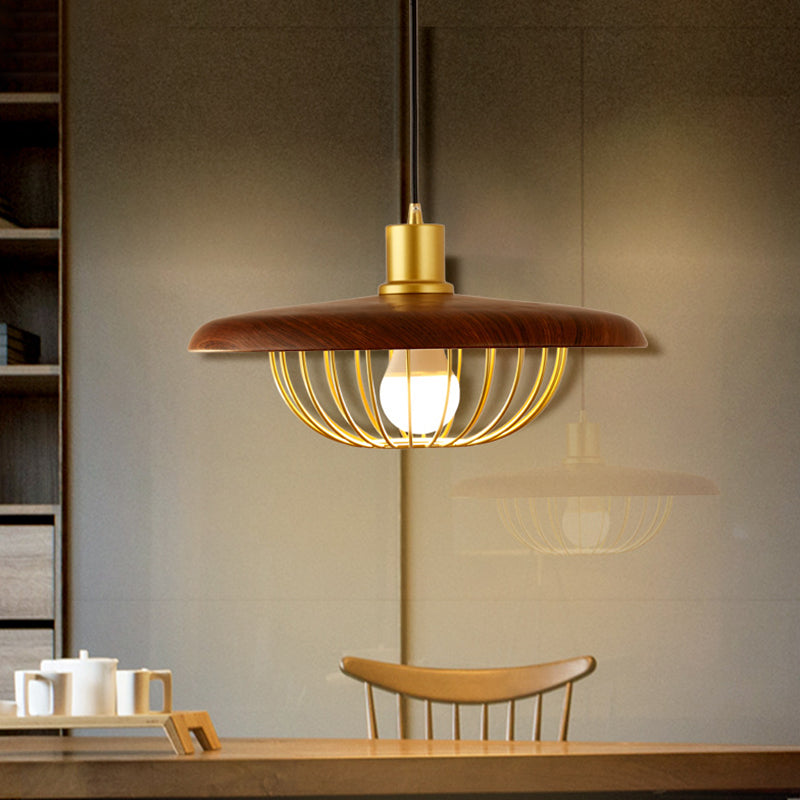 Modern Style Wooden Pendant Light with Golden Metal Cage Lampshade Single Bulb Hanging Lamp for Coffee Shop Clearhalo 'Ceiling Lights' 'Pendant Lights' 'Pendants' Lighting' 2612322