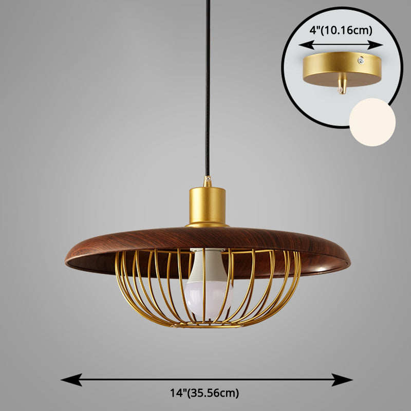 Modern Style Wooden Pendant Light with Golden Metal Cage Lampshade Single Bulb Hanging Lamp for Coffee Shop Clearhalo 'Ceiling Lights' 'Pendant Lights' 'Pendants' Lighting' 2612327