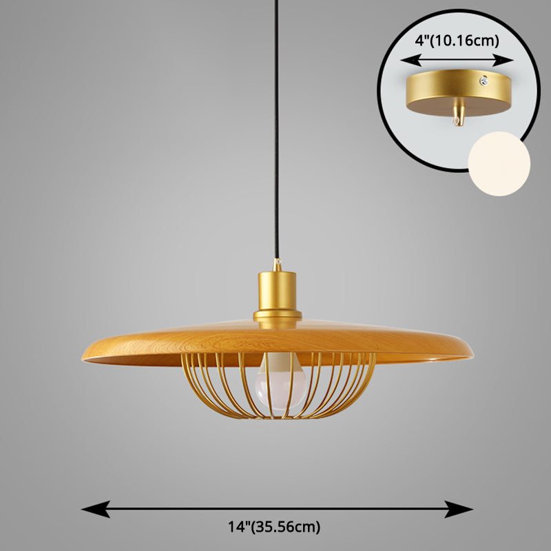 Modern Style Wooden Pendant Light with Golden Metal Cage Lampshade Single Bulb Hanging Lamp for Coffee Shop Clearhalo 'Ceiling Lights' 'Pendant Lights' 'Pendants' Lighting' 2612328