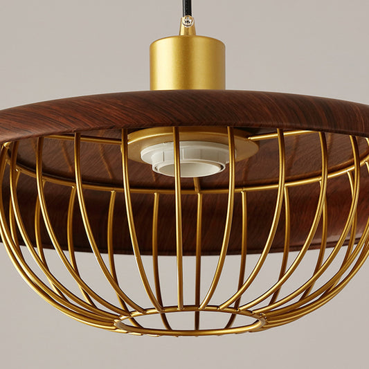 Modern Style Wooden Pendant Light with Golden Metal Cage Lampshade Single Bulb Hanging Lamp for Coffee Shop Clearhalo 'Ceiling Lights' 'Pendant Lights' 'Pendants' Lighting' 2612329