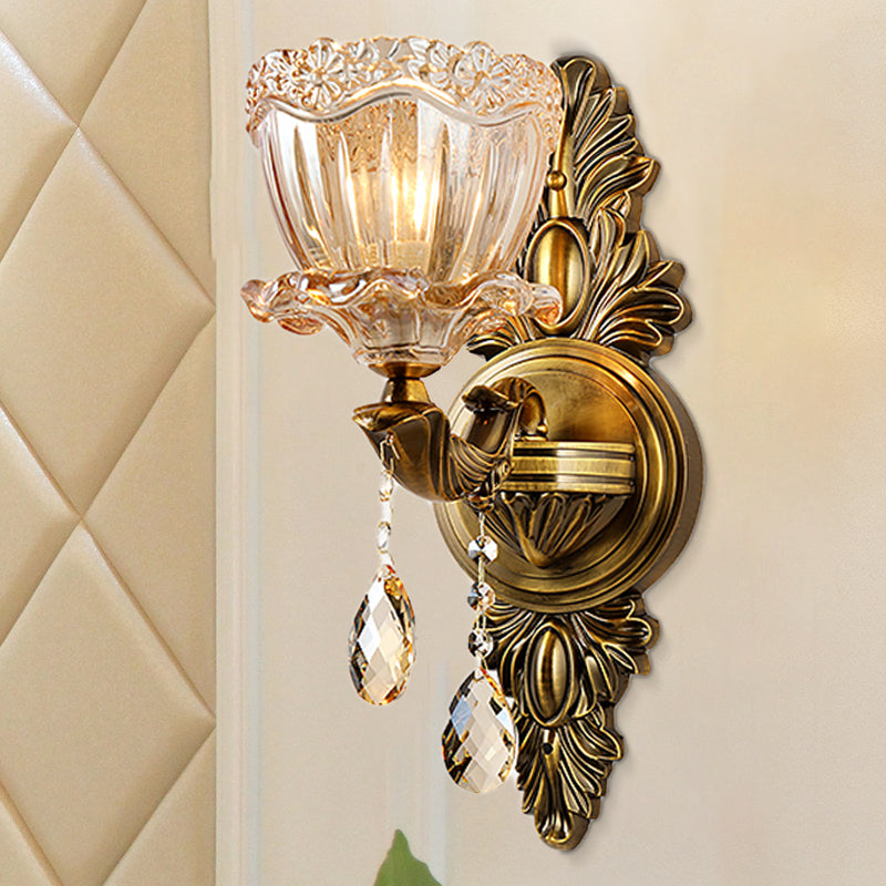 Modern Floral Shape Sconce Light Amber Glass 1/2 Heads Living Room Wall Mount Light with Teardrop Crystal Drop in Brass 1.0 Brass Clearhalo 'Cast Iron' 'Glass' 'Industrial' 'Modern wall lights' 'Modern' 'Tiffany' 'Traditional wall lights' 'Wall Lamps & Sconces' 'Wall Lights' Lighting' 261233