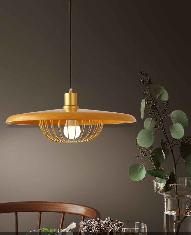 Modern Style Wooden Pendant Light with Golden Metal Cage Lampshade Single Bulb Hanging Lamp for Coffee Shop Clearhalo 'Ceiling Lights' 'Pendant Lights' 'Pendants' Lighting' 2612333