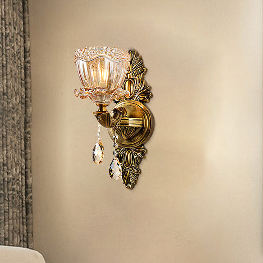Modern Floral Shape Sconce Light Amber Glass 1/2 Heads Living Room Wall Mount Light with Teardrop Crystal Drop in Brass Clearhalo 'Cast Iron' 'Glass' 'Industrial' 'Modern wall lights' 'Modern' 'Tiffany' 'Traditional wall lights' 'Wall Lamps & Sconces' 'Wall Lights' Lighting' 261235