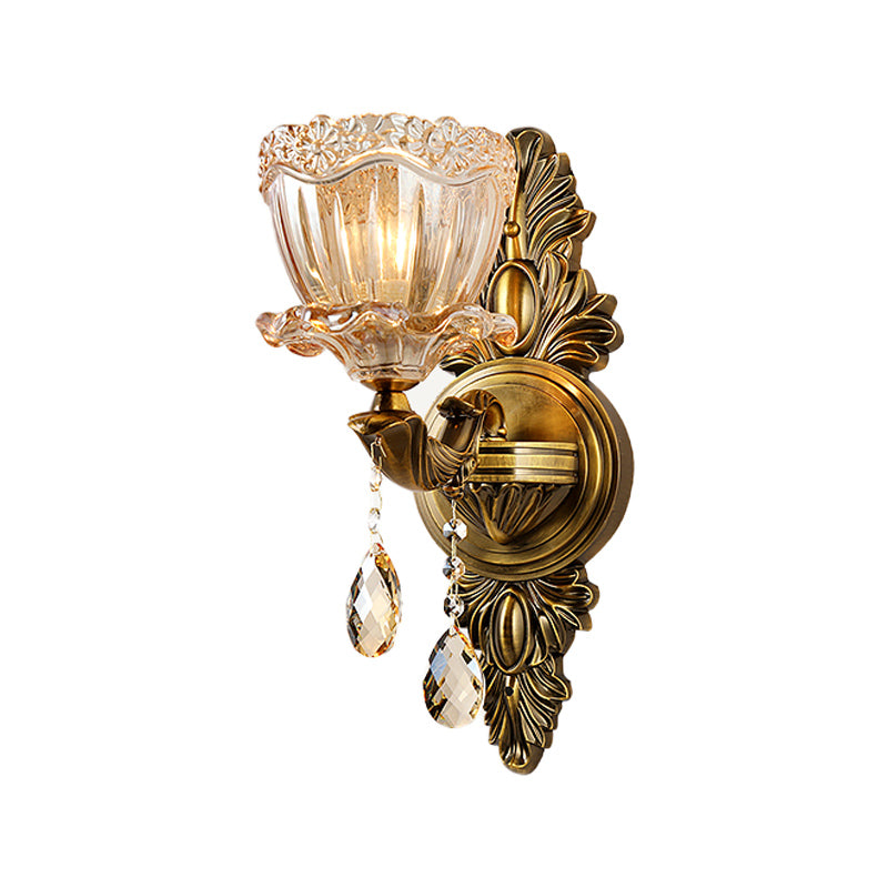 Modern Floral Shape Sconce Light Amber Glass 1/2 Heads Living Room Wall Mount Light with Teardrop Crystal Drop in Brass Clearhalo 'Cast Iron' 'Glass' 'Industrial' 'Modern wall lights' 'Modern' 'Tiffany' 'Traditional wall lights' 'Wall Lamps & Sconces' 'Wall Lights' Lighting' 261236