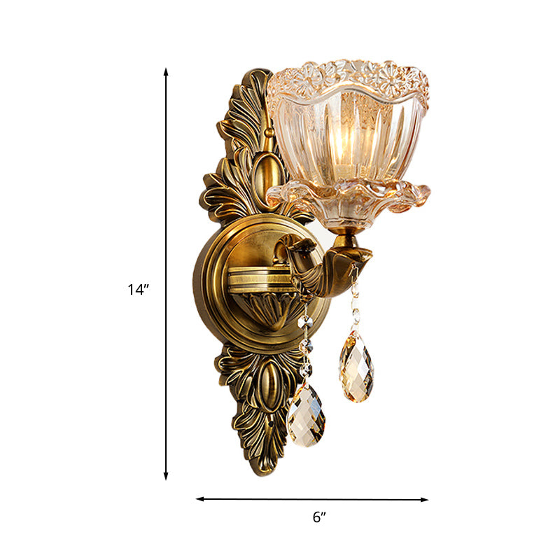 Modern Floral Shape Sconce Light Amber Glass 1/2 Heads Living Room Wall Mount Light with Teardrop Crystal Drop in Brass Clearhalo 'Cast Iron' 'Glass' 'Industrial' 'Modern wall lights' 'Modern' 'Tiffany' 'Traditional wall lights' 'Wall Lamps & Sconces' 'Wall Lights' Lighting' 261237