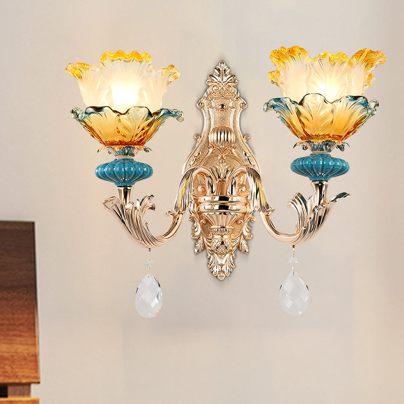 Flower Wall Light Fixture Modernism Amber and Blue Glass 1/2 Heads Brass Sconce Light 2.0 Brass Clearhalo 'Cast Iron' 'Glass' 'Industrial' 'Modern wall lights' 'Modern' 'Tiffany' 'Traditional wall lights' 'Wall Lamps & Sconces' 'Wall Lights' Lighting' 261246